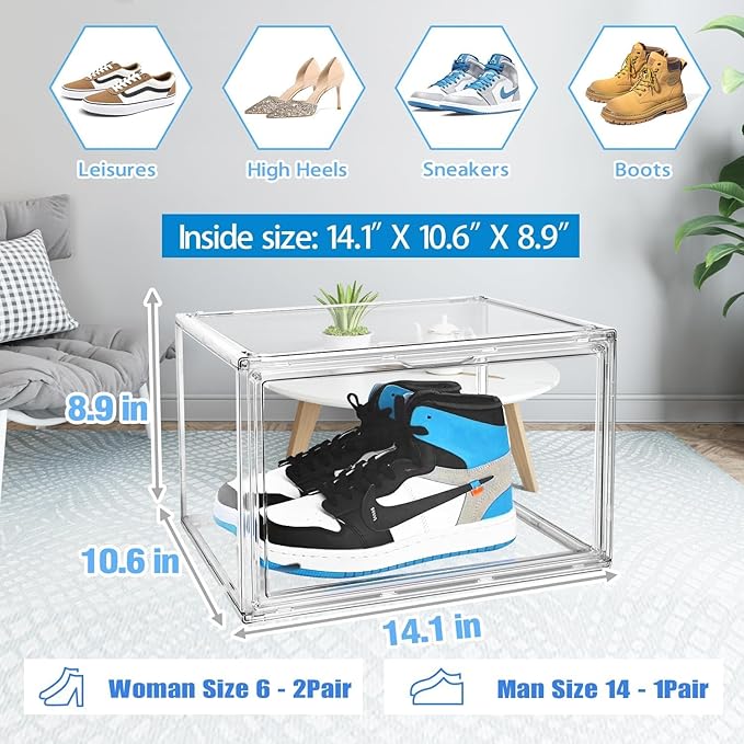 10 Pcs Clear Shoe Storage Boxes Stackable Acrylic Sneaker Shoe Display Case Size 14, Transparent Storage Bins for Boot Handbag Organizer Containers with Magnetic Lids