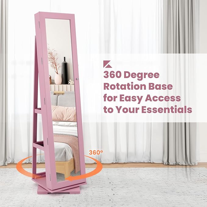 CHARMAID 360° Swivel Jewelry Armoire with Full Length Mirror, Standing Lockable Jewelry Cabinet Organizer, Large Storage Capacity, Inside Makeup Mirror, Back Storage Shelves (Pink)