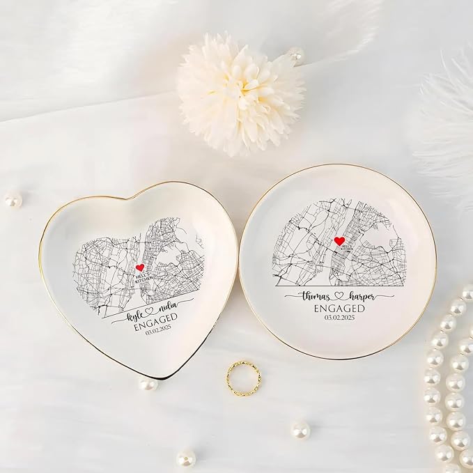 Chillever Custom Map Engaged Trinket Dish, Location Engagement Gifts For Couple Jewelry Tray, Ring Dish, Newly Engaged Ring Holder Best Gift For Lover 1