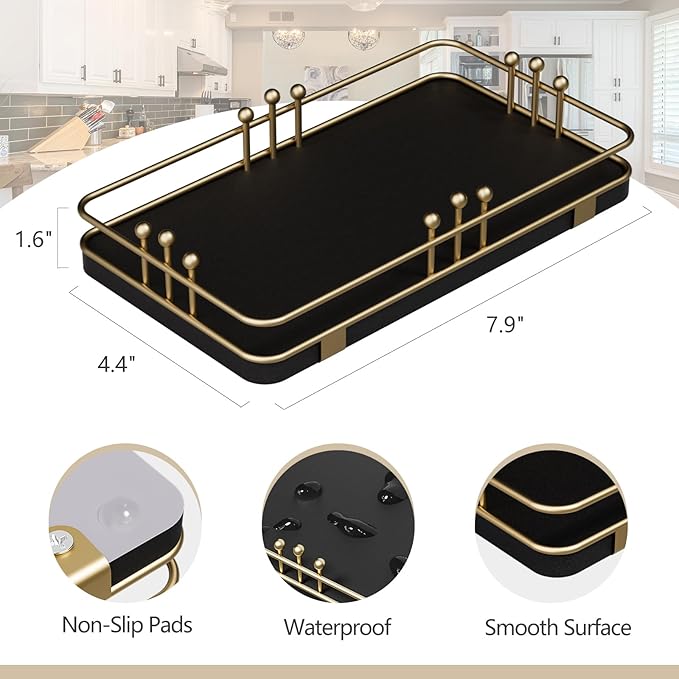 Bathroom Vanity Tray for Toiletries Makeup Perfume Candle Toilet Tank, Kitchen Tray for Soap Dispenser Spice Salt, Small Tray for Countertop Decor Coffee Nightstand 7.9”x4.4” Black-Gold