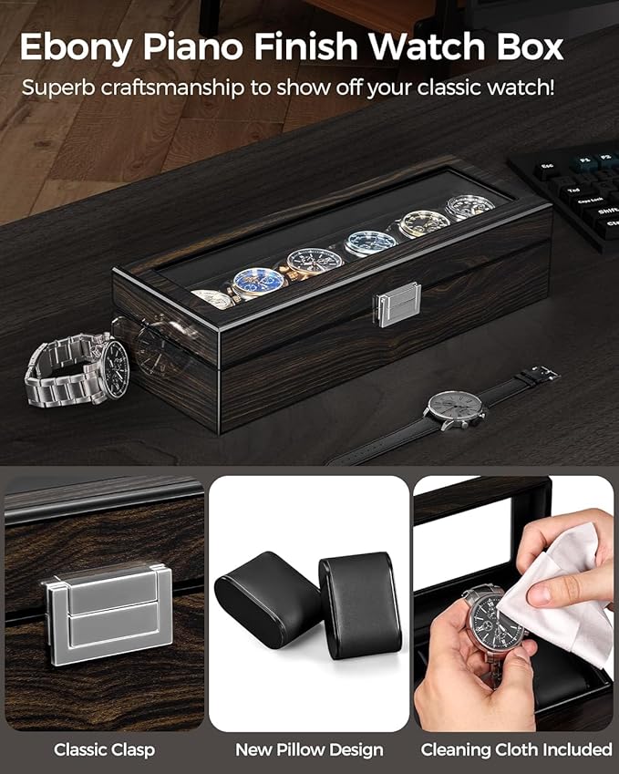ANWBROAD Watch Box for Men, 6 Slot Watch Case with Glass Lid, Watch Display Case Watch Holder Organizer for Men, Watch Storage Box with 6 Slot, UJWB006E