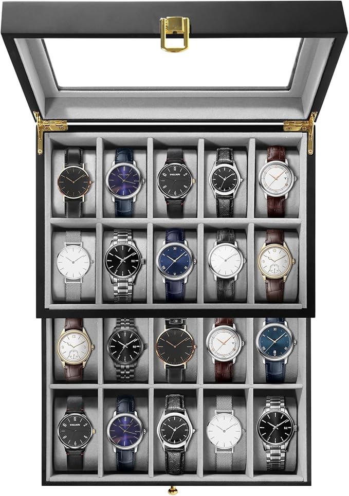 Uten 20 Wooden Watch Storage Box 2 Layers Organizer Collection Jewelry with Glass Lid