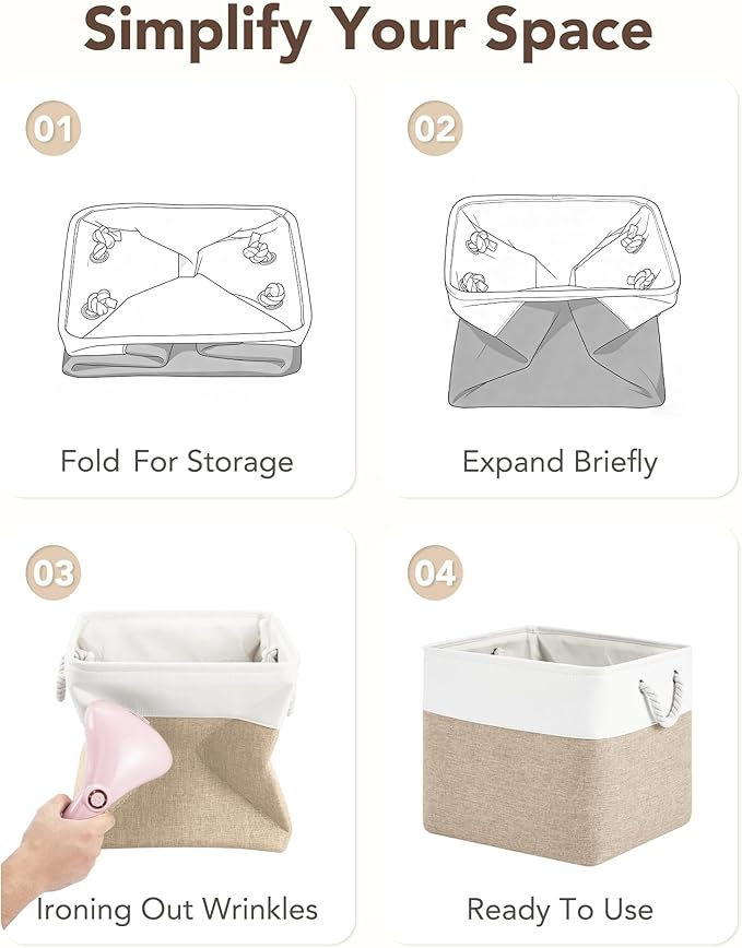13x15x13 Storage Cube Bins, Heavy Duty Foldable Fabric Storage Bins with Handles and Metal Frame, 6 Pack Large Closet Organizer Bins for Clothes, Socks, Towels, White Khaki
