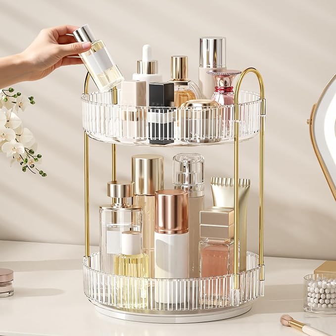 360° Rotating Makeup Organizer, Large Capacity Skincare Organizer, 2 Tier Cosmetic Skin Care Perfume Dresser Organizer, Fits Cosmetics, Perfume, Skin Care, Lipstick