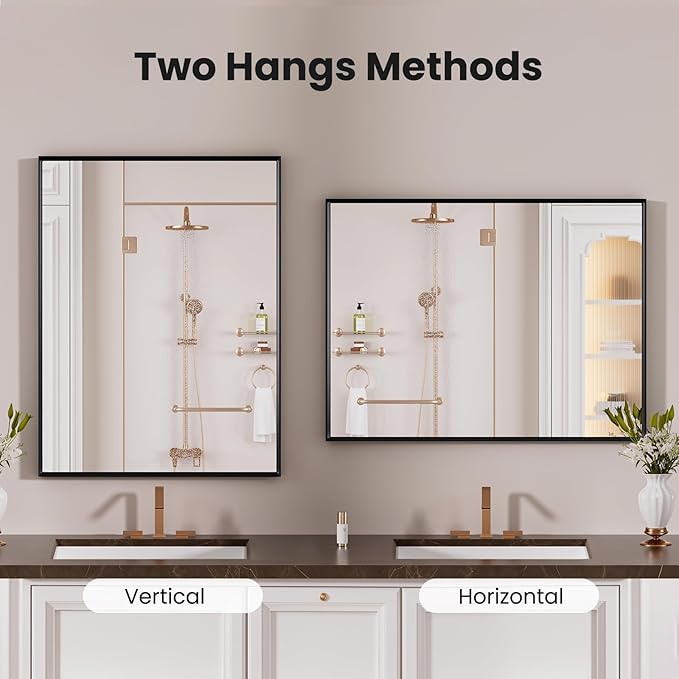 LOAAO Black Bathroom Mirror 24"X30" for Wall, Rectangle Bathroom Vanity Mirror, Hangs Vertically or Horizontally, Easy to Install, Modern Design