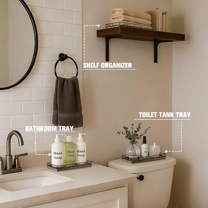 Bathroom Vanity Tray – 12" x 6" Decorative Wooden Tray for Toilet Tank Organizer Wood Tray for Bathroom Countertop, Soap, Perfume & Accessories Storage Vanity Dresser Decor Black & Rustic Brown