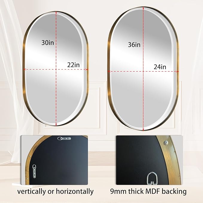 POZINO Oval Mirror Over Sink, Brushed Gold Beveled Bathroom Mirror, 22"x30" Vanity Wall Mirrors with Stainless Steel Frame, Brass Modern Rounded Mirrors for Bedroom Living Room Entryway
