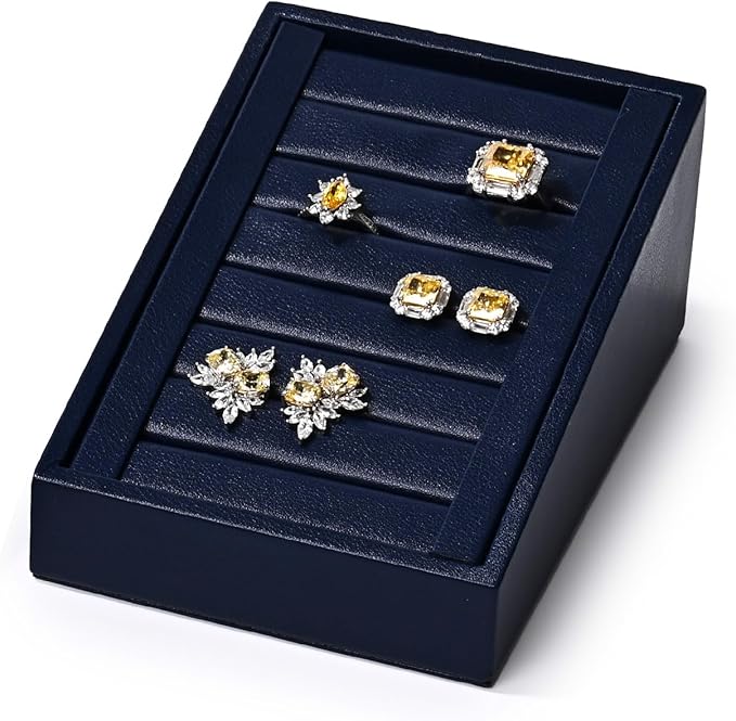Premium Ring Display Tray Organizer Holder - PU Leather Rings/Earrings Stand Bearer (Blue)