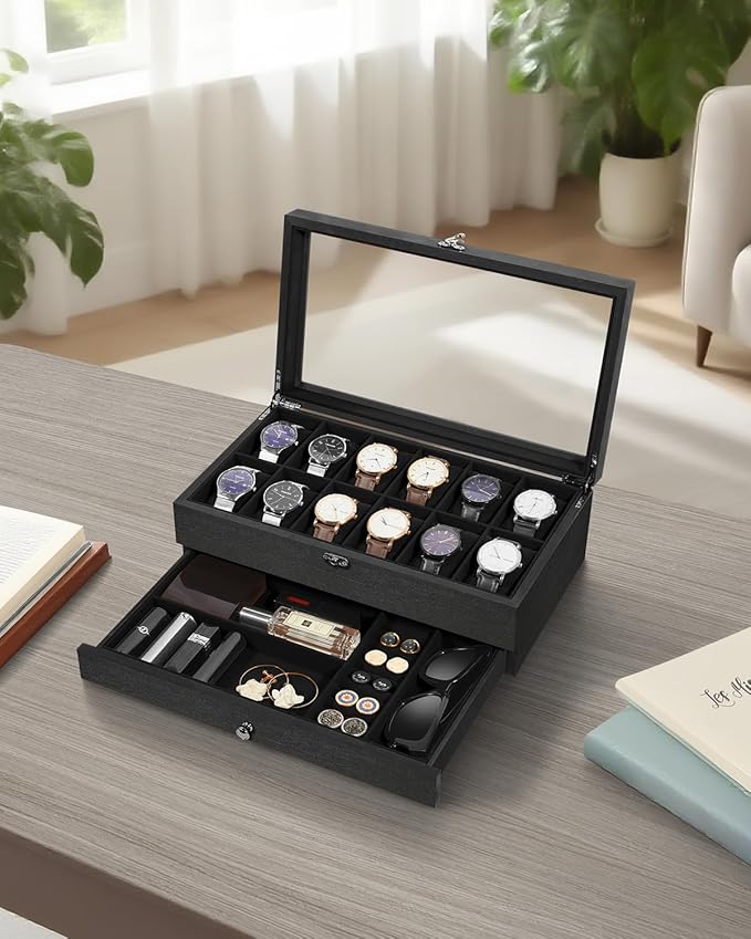 Uten 12-Slot Watch Box, 2-Layers Solid Wood Watch Display Case with Glass Lid, Watch Holder Organizer with Soft Pillow and Velvet Lining, Watch and Jewelry Storage Box, Black