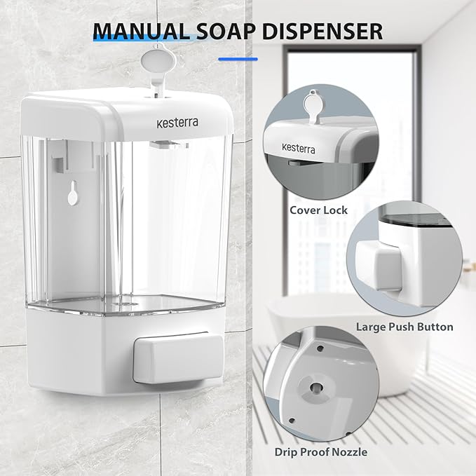 Manual Soap Dispenser, 23.7oz/700ml Wall Mount Soap Dispenser, Large Capacity Kitchen Bathroom Hand Soap Pump, Commercial Refillable Shampoo Shower Gel Lotion Dispenser, White