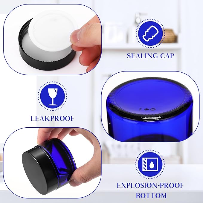 Domensi 60 Pcs 1oz Glass Jars with Lids Bulk Salve Tins Winter Cream Container Small Glass Candle Cosmetic Jars for Travel Lip Balm with Inner Liners for Lotion Sample Cream(Cobalt Blue, Black Lid)