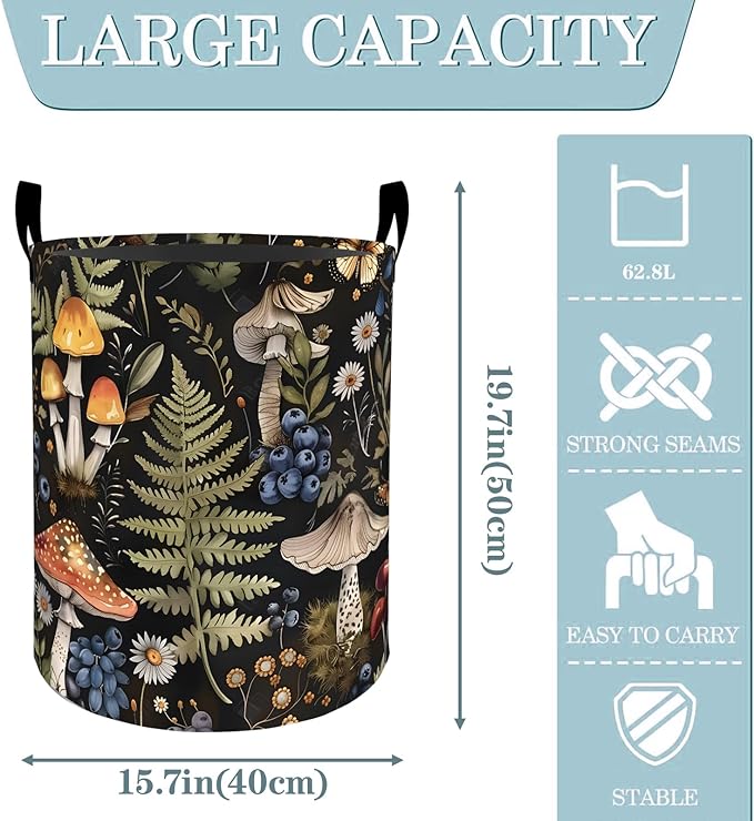 Mushroom Fern Daisy Butterfly Laundry Basket, Dirty Collapsible Clothes Toy Organizer Hamper for Kids Adults, Oxford Cloth Waterproof Storage Bin for Bathroom Forest Decor Gifts, 19.7"X15.7"