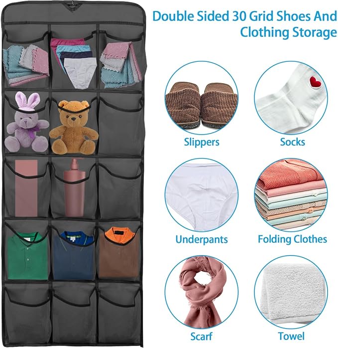3Pcs 30 Large Pockets Dual Sided Hanging Shoe Organizer Double-Side Closet Storage Shelves with Rotating Hanger Space Saving Storage Bag Portable Shoe Rack Holder for Bedroom Laundry Room,Black