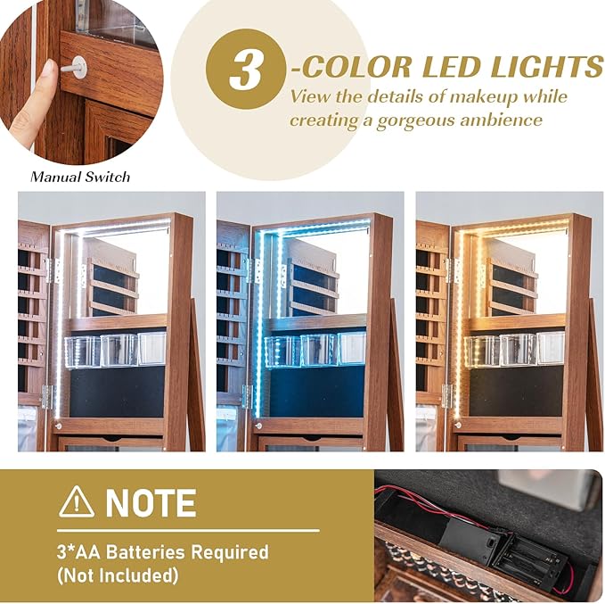 GOFLAME 360° Rotating Jewelry Cabinet with Full-Length Mirror, Freestanding Jewelry Armoire with 3-Color LED Light and Back Storage Shelf, Lockable Jewelry Organizer for Bedroom Cloakroom, Walnut