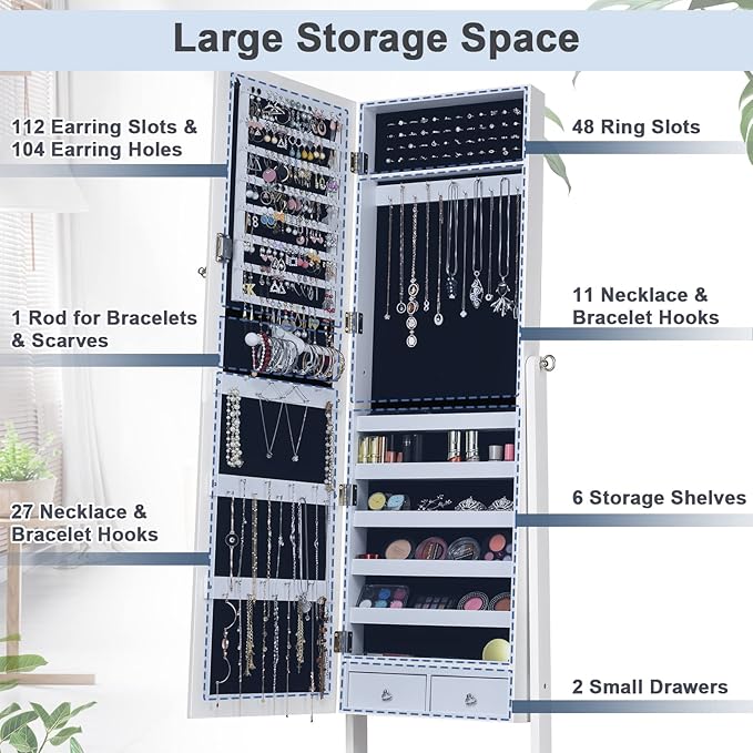 COSTWAY Standing Jewelry Armoire Cabinet, 4-Angle Tilting Jewelry Organizer with Full-length Mirror and Large Storage Capacity, Lockable Jewelry Cabinet for Bedroom, Dressing Room (White)