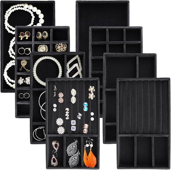 Jewelry Trays,Velvet Stackable Organizer Trays,Drawer Inserts Jewelry Display Case For Rings Stud Necklaces Earring Organizer Tray for Women Girls-8 Pack (Black)
