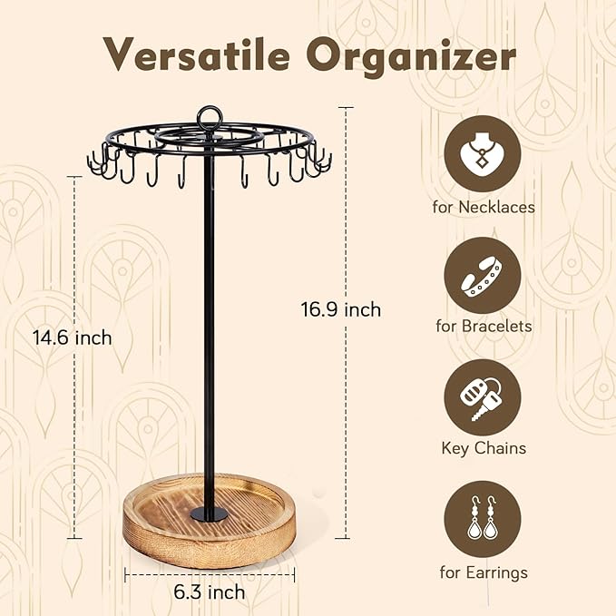 Rotating Necklace Holder, Necklace Organizer Tree Stand with 24 Hooks, Jewelry Necklace Display Stand, Wooden & Metal, Tall Spinning for Vendors Retail, Valentine's Gift for Women, Vintage Black
