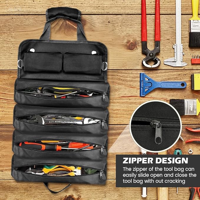 Roll-Up Tool Bag Heavy-Duty Waterproof - 4 Compartments & 2 Detachable Pouches | Compact Tool Organizer for Mechanics, RV & Motorcycle Storage, Handyman & Electricians (Black, Large)