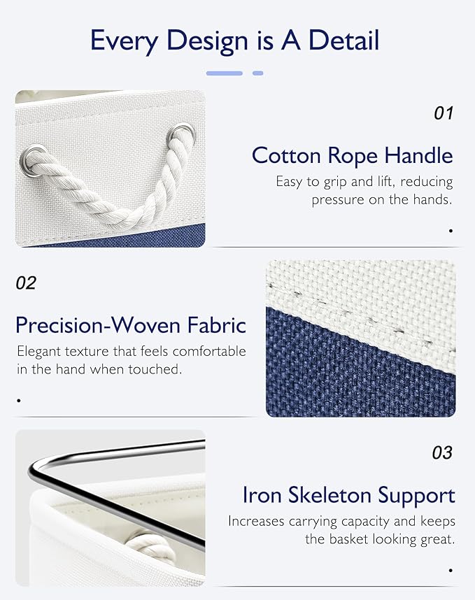 11 Inch Storage Cubes 6-Pack, Foldable Fabric Organizer Bins with Rope Handles, Cube Storage Baskets for Closet Shelves and Home Organization(White/Blue)