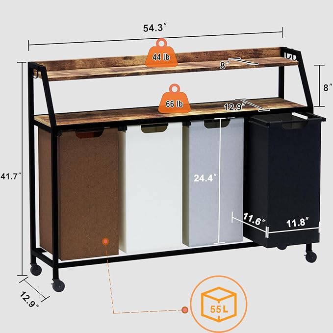 Laundry Hamper, Laundry Sorter 4 Section, Rolling Laundry Basket with Wheels, 2 Shelves, 4 × 14.5 Gal, Pull-Out and Removable Oxford Fabric Bags, for Laundry Room, 4 Colors