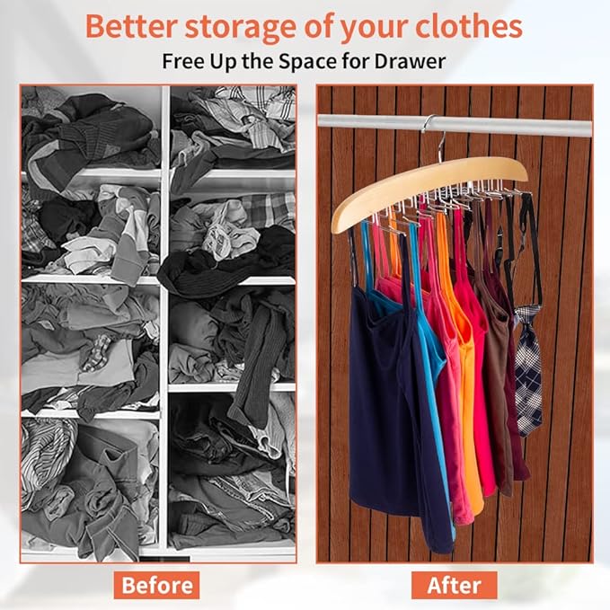 3 Pack Tank Top & Bra Hanger, Tie & Belt Hanger with Natural Wood, 24 Space Saving, 360 Rotating, Foldable Metal Hooks, Closet Organizer and Storage Rack for Tank Tops/Bras/Ties/Belts