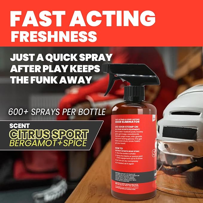 Uncle Todd’s Odor Stomp Sports Equipment Odor Eliminator Spray - Extra Strength Enzyme-Powered Deodorizer for Football, Hockey, Gym Bags, and Athletic Gear - Citrus Sport Scent - 16oz