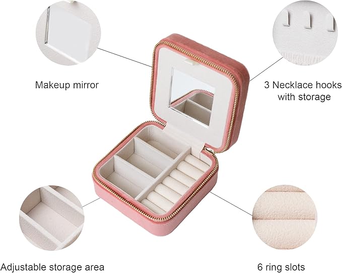 Customizable Compact Velvet Jewelry Box with Mirror, Travel Jewelry Case, Travel Jewelry Organizer, Jewelry Box for Women and Girls, Small Jewelry Organizer (Center Text, Coral Pink)