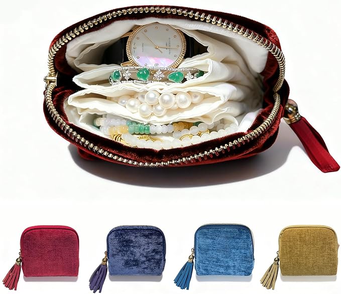 Travel Jewelry Case Organizer for Women Portable Jewelry Box with Zipper Pouches for Rings Necklaces Earrings Bracelets Compact Jewelry Storage for Travel Gift Daily Use (Ruby Red)