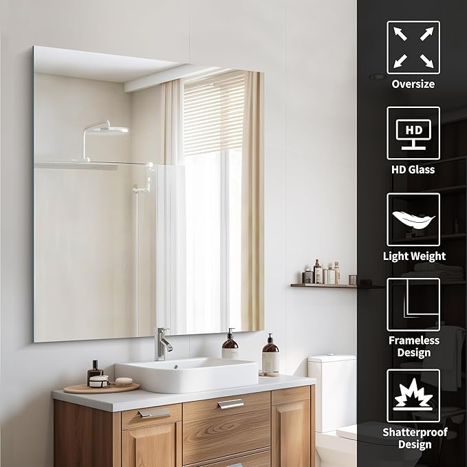 CILIBER Frameless Mirror, 40x48 Inch Large Bathroom Mirrors for Wall Over Sink, Upgraded Shatterproof Vanity Mirror with Polished Edge for Bathroom,Bedroom,Living Room and Entryway