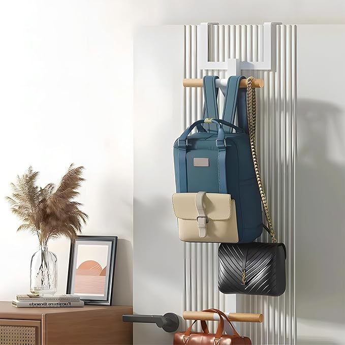Backpack Hanger for Closet, Metal Storage Rack Backpack Hooks,2 Tiered Over The Door Hanger for Backpack,Heavy Duty Over The Door Hook Storage for Backpack, Coat, Bag, Hat,White