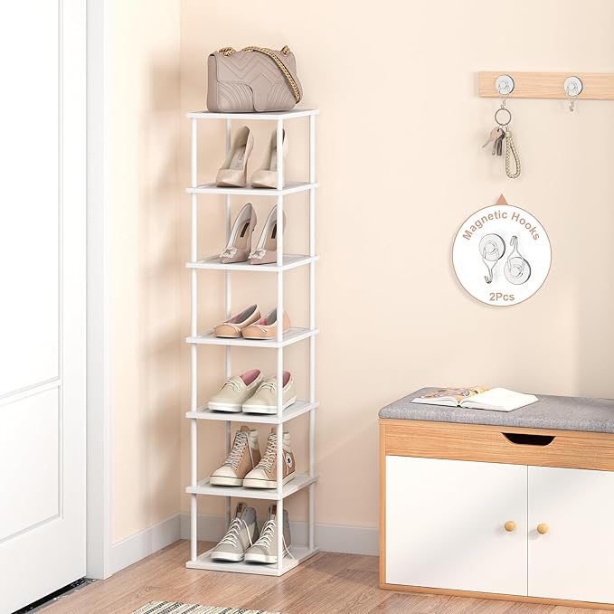 Bamboo Free Standing Shoe Rack Shelf Multi Tier Tall Wooden Stackable Shoes Rack Organizer for Closet Front Door Entrance Narrow Vertical Shoe Storage (White, 7 Tiers)
