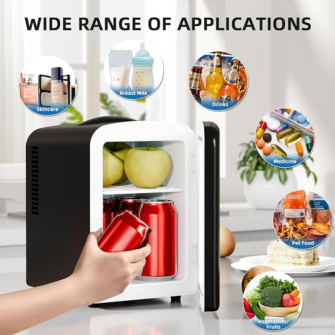 Compact Refrigerator, Portable Mini Fridge, Skin Care 4L Capacity/6 Cans, for Bedroom, Car, Office & Dorm, Small Cooler for Cosmetics, Beverage and Food, Black