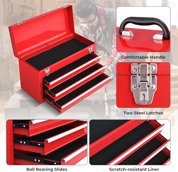Portable Tool Box, 3-Drawer Tool Chest with Carry Handle, 2 Metal Latches & Liner, Metal Tool Box Storage Box Organizer for Garage, Warehouse & Repair Shop (Red)