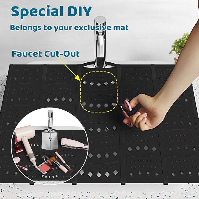 Bathroom Sink Cover for Counter Space, Sink Mat Foldable Sink Cover, Silicone Makeup Organizer Mat Space Saver, Small Bathroom & Rv Camper Travel Must Haves Accessories, Black