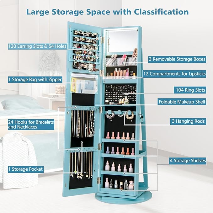Mirror Jewelry Cabinet Standing with Full Length Mirror, 360° Swivel Jewelry Armoire with 3-Color LED Lights & Foldable Makeup Shelf, Lockable Organizer for Women, Space-Saving (Sky Blue)