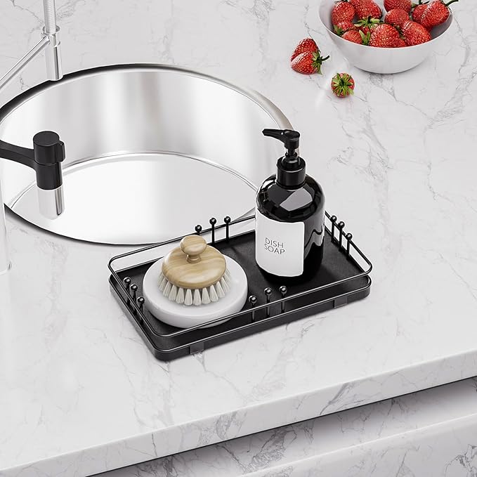 Bathroom Vanity Tray for Toiletries Makeup Perfume Candle Toilet Tank, Kitchen Tray for Soap Dispenser Spice Salt, Small Black Tray for Countertop Decor Coffee Nightstand 7.9”x4.4”