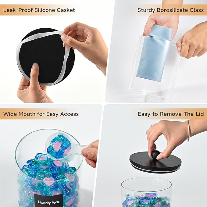 Glass Laundry Pods Container & Acrylic Dryer Sheet Holder with Balck Bamboo Knobs Lids, Scoops & Labels | Premium Laundry Room Organization and Storage for Detergent Pods, Powder, Dryer Balls & Beads