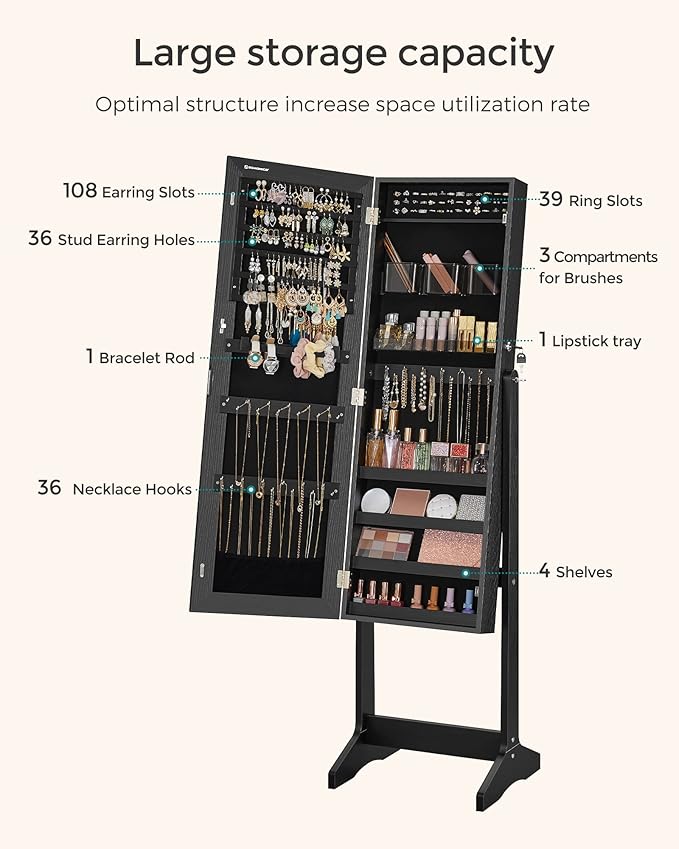 SONGMICS Jewelry Cabinet Armoire, Freestanding Lockable Storage Organizer Unit with 2 Plastic Cosmetic Storage, Full-Length Frameless Mirror, for Necklace Earring, Black UJJC002B01