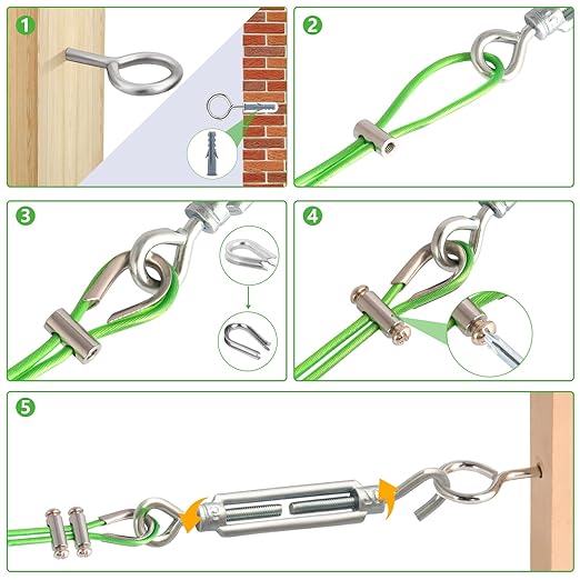 Turnbuckles for Cables Wires, 1/8" X 100Ft Green PVC Coated Cable Kit, Multi-use Wire Rope for Clothesline Wire for T Post/Grape Vine/String Light Hanging Kit