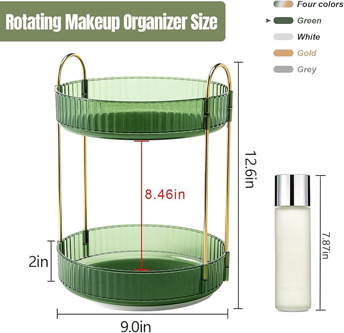 360 Rotating Makeup Organizer for Vanity, Bathroom Countertop Spinning Perfume Organizer, High-Capacity Cosmetic and Skincare Dresser Make Up Holder Rack (2 Tiers, Green)