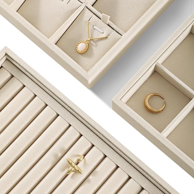 Linen 24 Grid Stackable Rings Earrings Display Tray, Brooch Ear Stud Cufflinks StorageTray, Jeweler Shop Counter Showcase Table Top Organizers, Makeup Table Drawer Insert Jewelry Tray