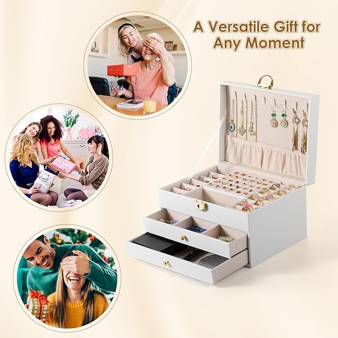 3 Layer Jewelry Box, Lockable Jewelry Holder Organizer with Jewelry Drawer, Large Jewelry Boxes & Organizer with Velvet Earring Storage, Unique Gifts for Women Mom