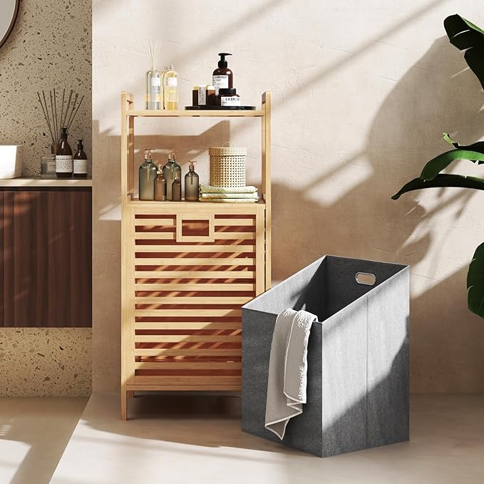 Giantex Tilt Out Laundry Hamper, Bamboo Laundry Storage Cabinet w/ 2-Tier Storage Shelves, Foldable & Removable Basket, Freestanding Laundry Basket Organizer for Bathroom Laundry Room Bedroom