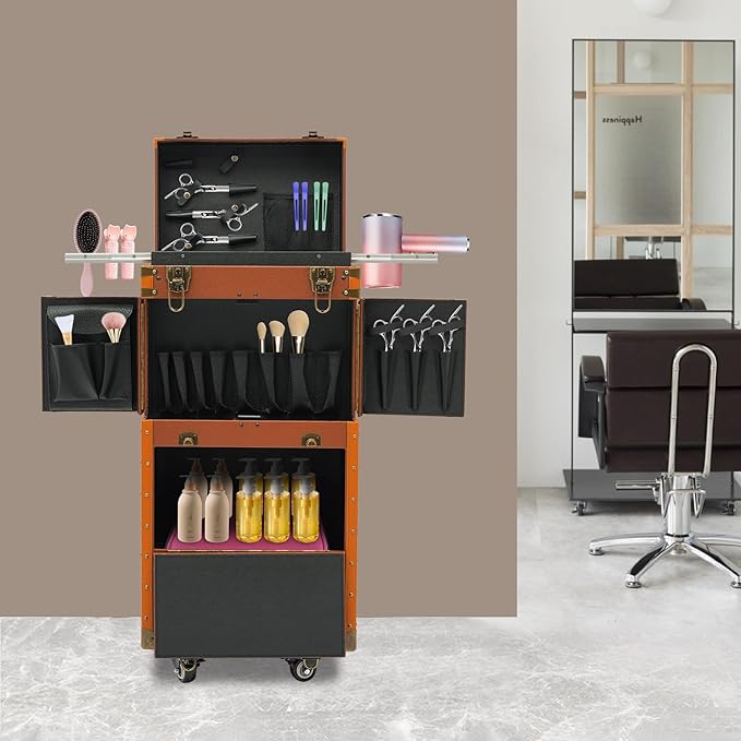 Rolling Hairdressing Case - Professional Makeup Train Case with Dual Password Locks, Cosmetic Organizer for Salon/Barber/Nail Artists (Coffee Color)