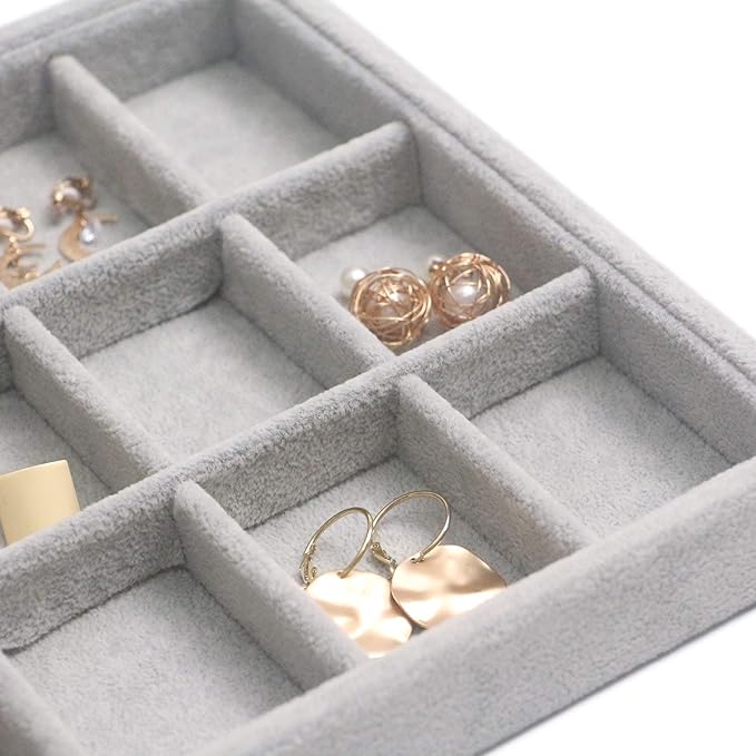 DIOMMELL Set of 4 Stackable Velvet Jewelry Trays Organizer, Jewelry Display Storage Box Showcase Holder Dresser Drawer Organizer for Earring Necklace Bracelet Ring Accessary, Grey