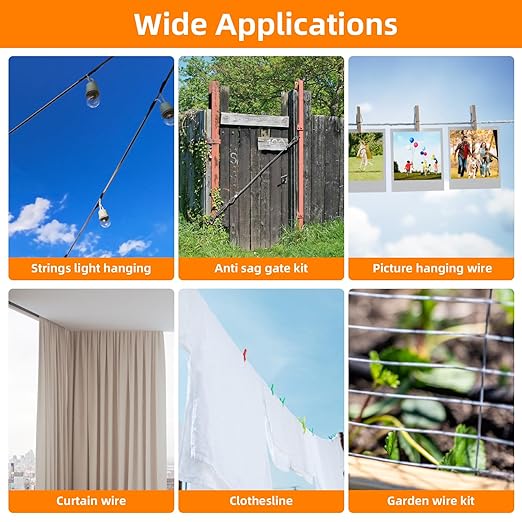 250FT 1/8" Wire Rope Kit, Vinyl Coated 304 Stainless Steel Wire Cable, 7x7 Strands 920LBS Breaking Strength, M5 Turnbuckle for Cable Wire, String Light Hanging Kit for Outdoor, Garden, Clothesline
