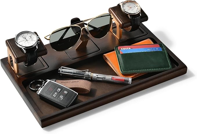 Shanik Wooden Nightstand Organizer – Everyday Carry Docking Station with Watch Holder & Glasses Tray, Personalized Gift for Men or Women