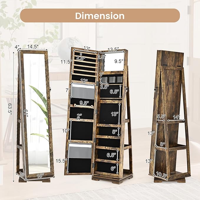 360° Swivel LED Mirror Jewelry Cabinet with Full Length Mirror, Lockable Floor Standing Mirrored Jewelry Armoire Organizer w/Inside Makeup Mirror & Back Storage Shelves (Rustic Brown)