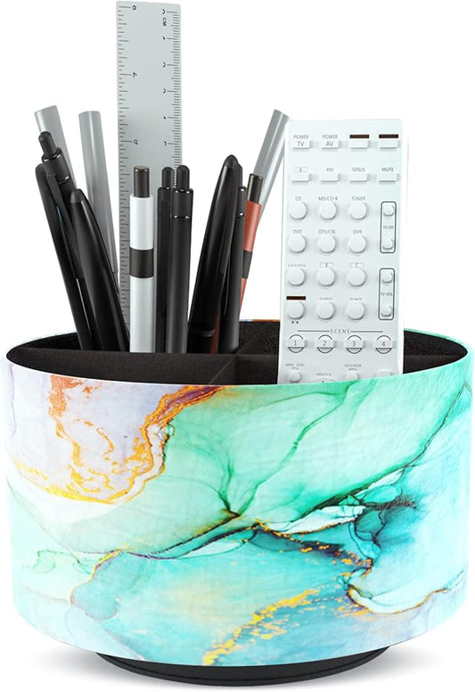 Hennaja Round Leather Art Supply Organizer,Remote Control Holder,360 Degree Rotating,Multi-Functional Pencil Holder,4 Compartments Desktop Stationary Organizer(1-Splash Ink)