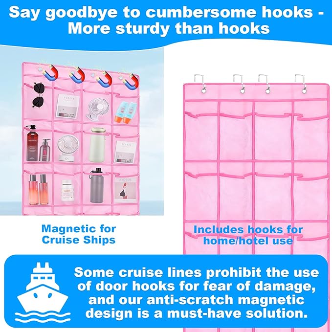 Over The Door Organizer For Cruise Ships|Magnetic Door Organizers with 24-Pocket for Cruise Ship|55"x21"|Cruise Over the Door Organizer,Magnetic Shoe Rack for Cruise,Behind-Door Storage
